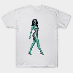 Alien Pinup in Tight Silver Dress T-Shirt